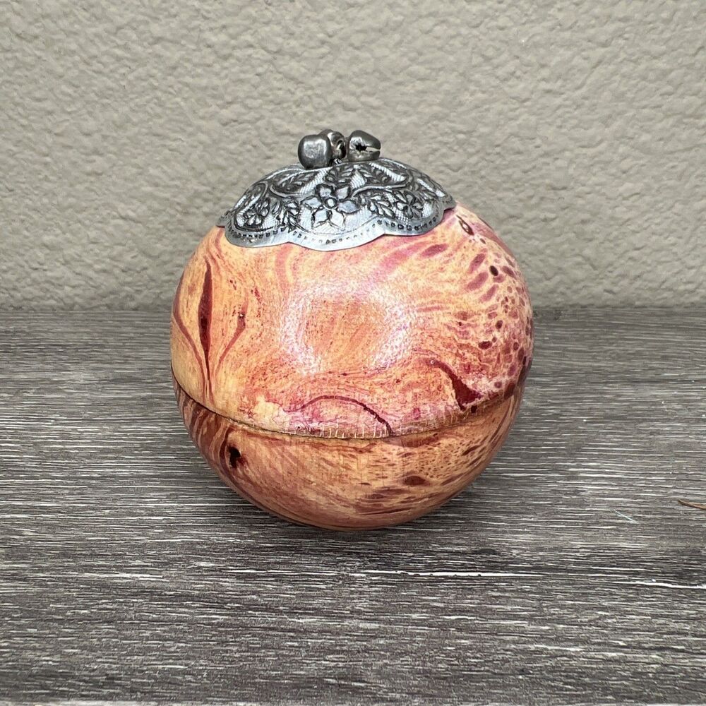 Thai Hand-Carved Round Spherical Wooden Trinket Box With Lid